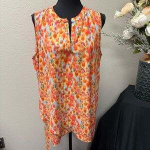 Pleione L Orange Watercolor Sleeveless Blouse Keyhole Neck Summer Work Top